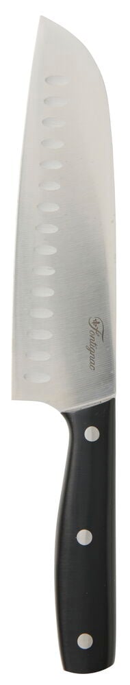 Santoku-kniv Fontignac 18 cm med sølvfarget dimplet blad og svart håndtak med tre nagler.