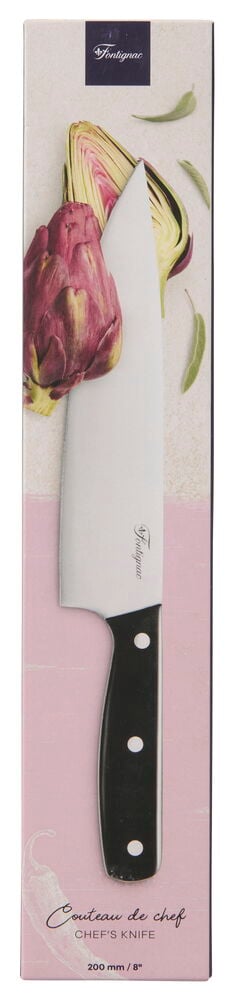 Kokkekniv Fontignac 20 cm med sølvblad og svart håndtak i rosa emballasje.