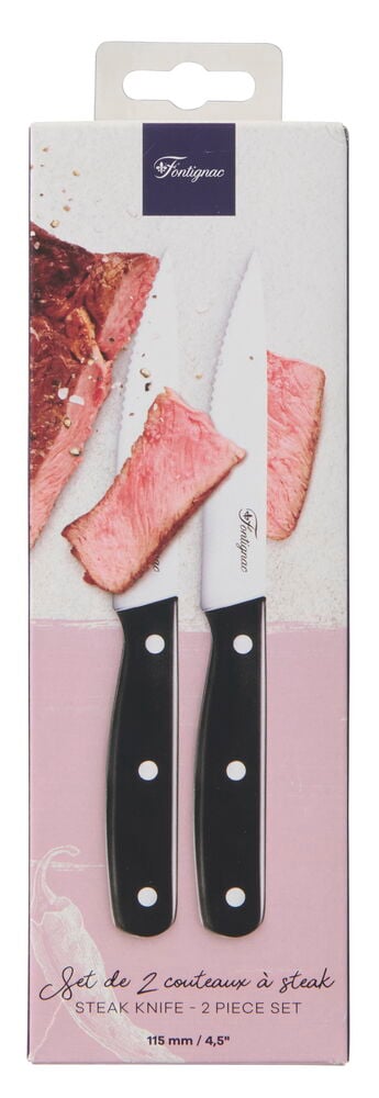 To Fontignac grillkniver med sorte håndtak og taggete blad vises i pakken med kjøttskiver.