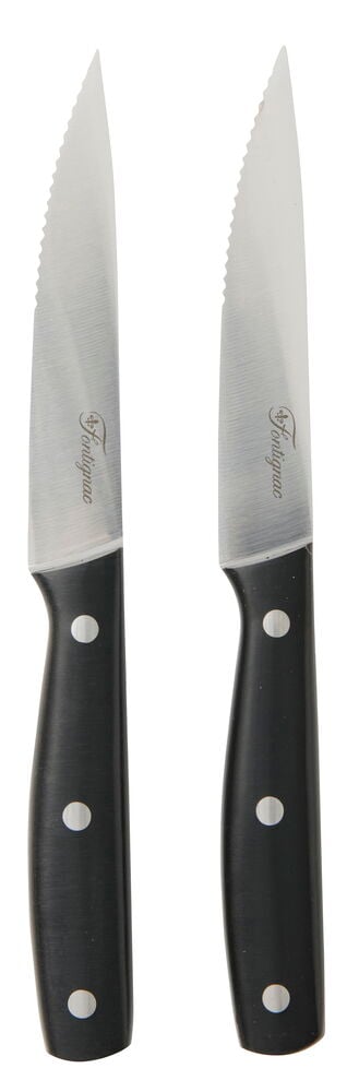 To Fontignac grillkniver med sølvfargede taggete blad og svarte naglede håndtak.
