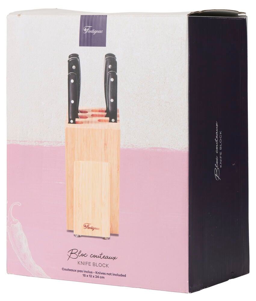 En Fontignac 18x12x24 cm knivblokk i bambus avbildet på sin hvite, rosa og svarte eske.
