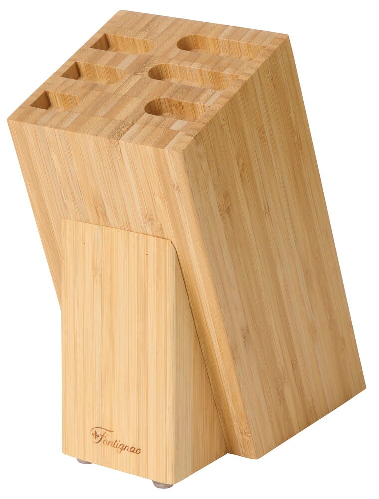 Knivblokk Fontignac 18x12x24 cm Bambus er lys med flere knivspor, stående skrått.