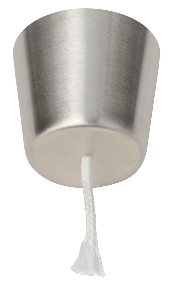 Konisk trekk i børstet metall med hvit flettet snor hengende fra bunnen.