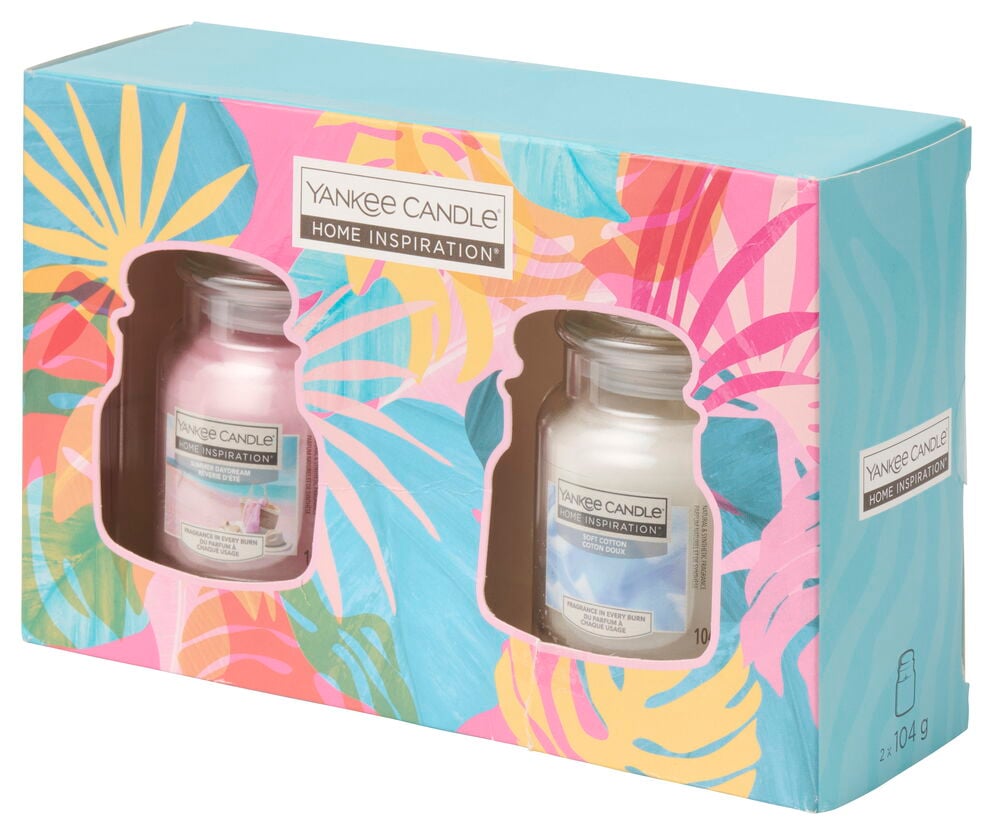 Et fargerikt gavesett med to Yankee Candle Summer Daydream og Soft Cotton duftlys i glasskrukke.