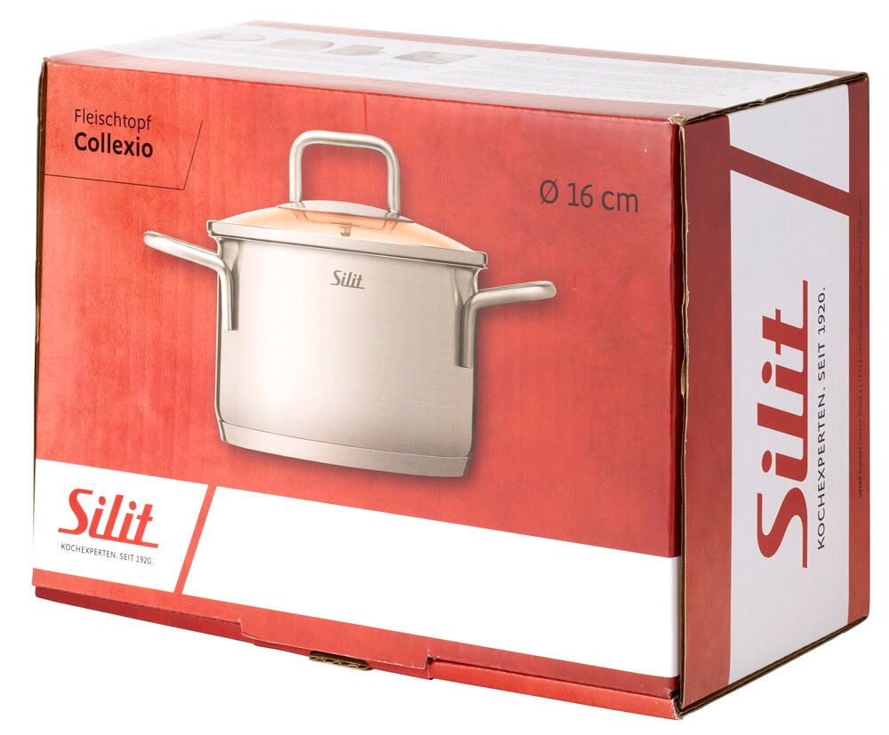 Rostfri Silit Collexio gryta med lock, 1,9 liter, 16 cm, på röd kartong.