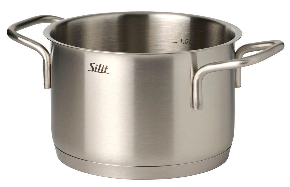 Rostfri gryta med två handtag och invändig 1,5L måttmarkering.