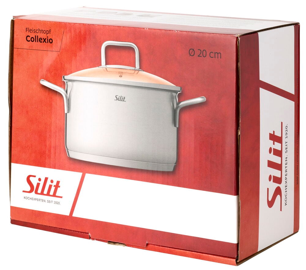 Gryta med lock Silit 3,35 liter Rostfritt stål, avbildad på sin röda produktförpackning.