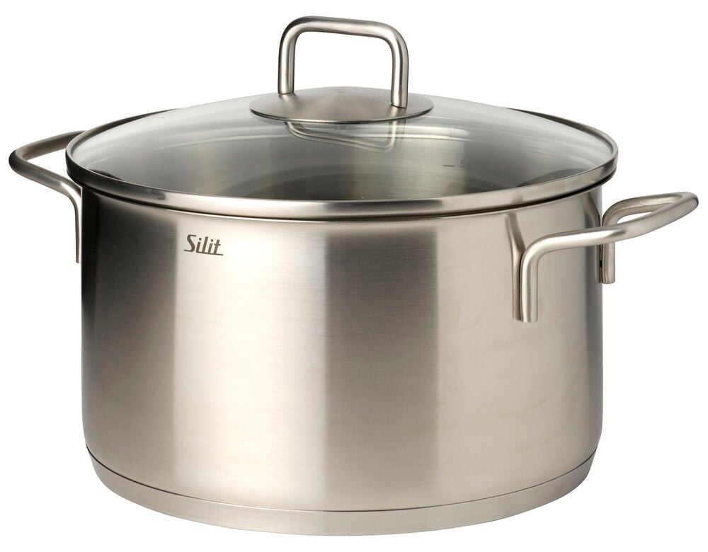 Rostfri gryta med klart glaslock och två metallhandtag.