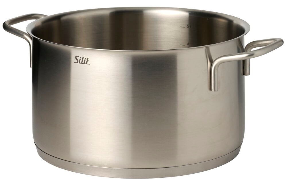 Rostfri Silit gryta med två handtag och invändiga 4L och 5L volymmarkeringar.