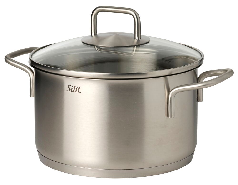 Silit 3,35 liter rostfri gryta med klarglaslock och två handtag.