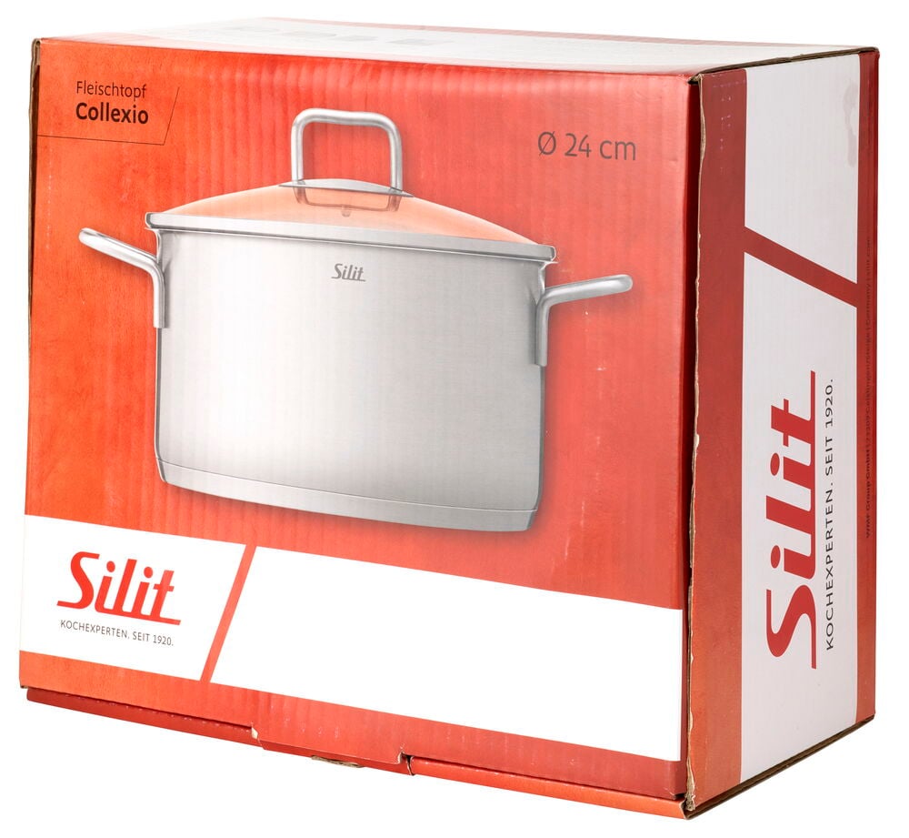 En Silit 5,7 liters rostfri gryta med 24 cm diameter, orangefärgat lock, på förpackning.