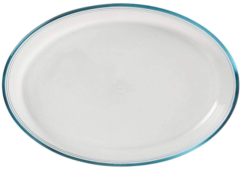 Klare ovale Glas-Ofenform von Ô Cuisine mit blauem Rand.