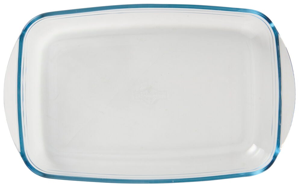 Soikea uunivuoka Ô Cuisine 39x27 cm, 4 l, kirkkaasta lasista sinisillä reunoilla, ylhäältä kuvattuna.