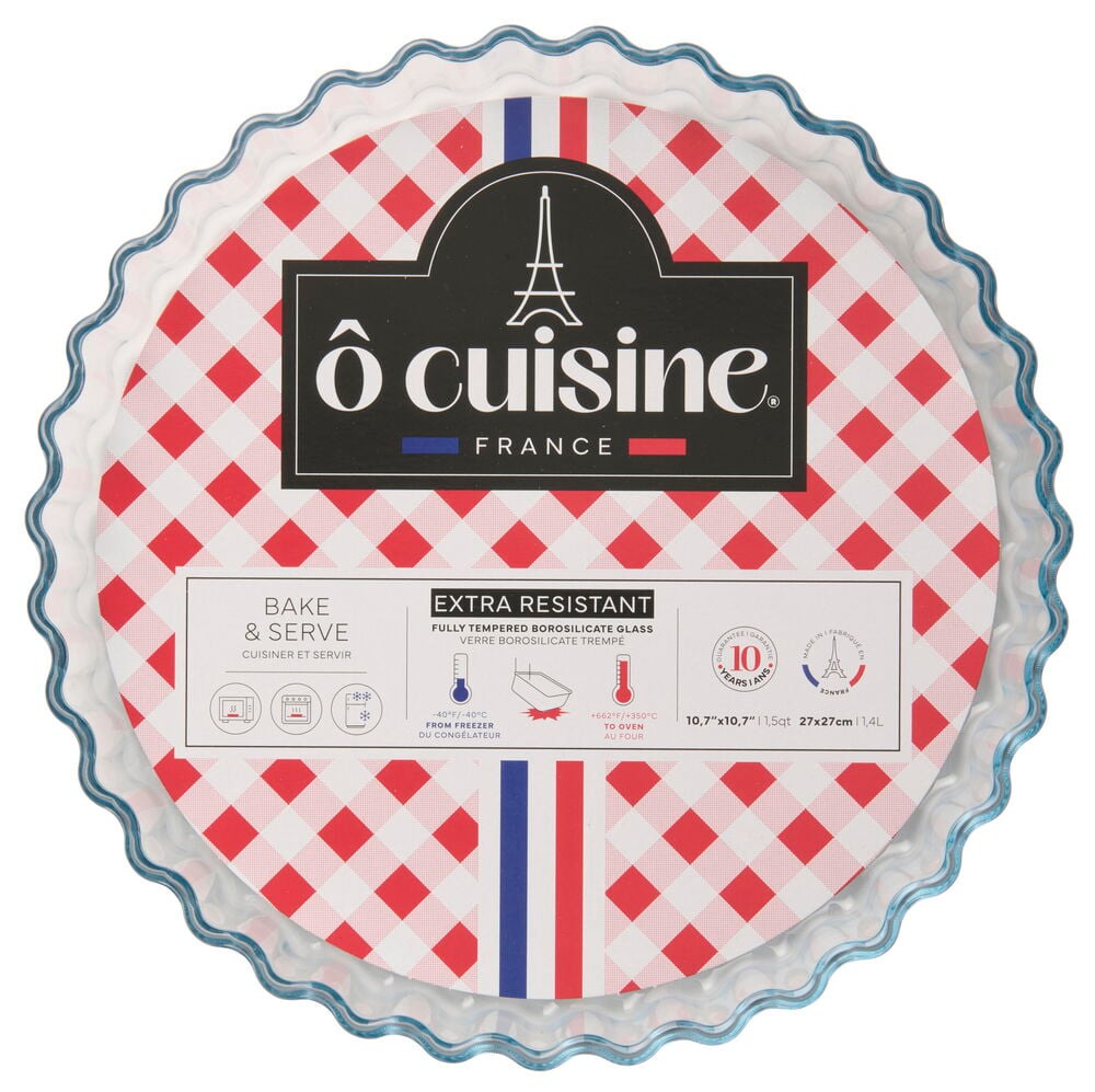 Klare geriffelte Glas Pieform Ô Cuisine Ø27 cm mit rot-weiß kariertem Papiereinleger.