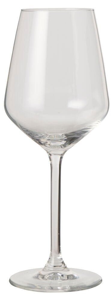 Klart vinglass med stett, bred kolbe og en rund fot.