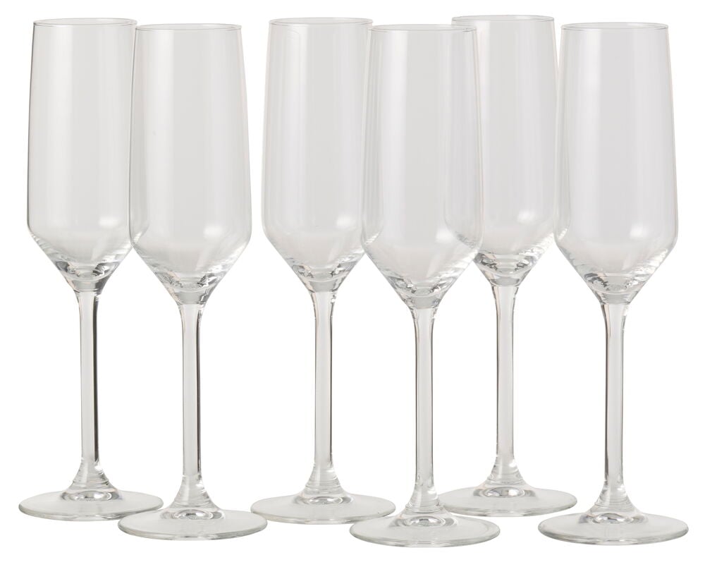 Sechs klare Champagnergläser Alpina 6 er-Pack mit hohen, schlanken Kelchen, langen Stielen und runden Füßen.