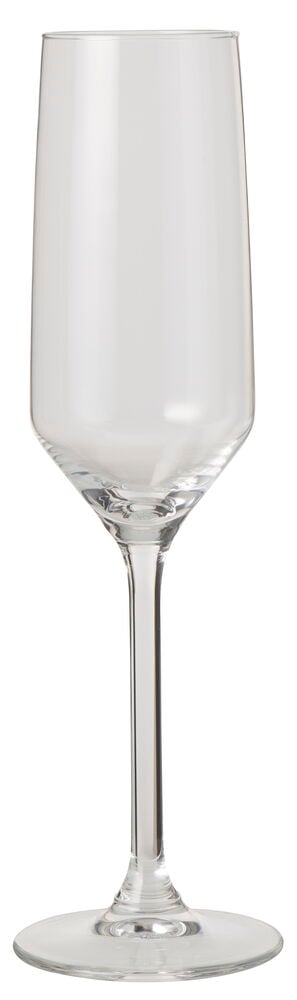 Ein klares Champagnerglas Alpina mit hohem, schlankem Kelch, langem Stiel und rundem Fuß.