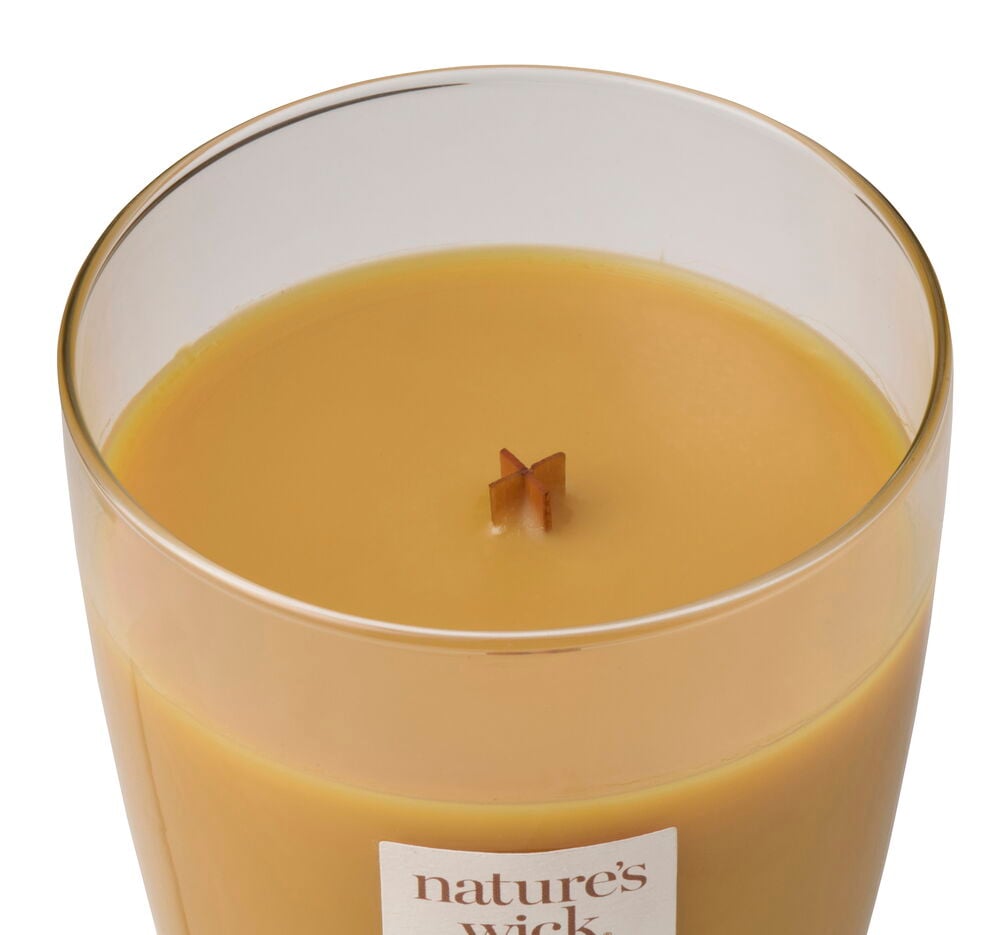 Doftljus WoodWick 284 g Sun Ripened Pear i en klar glasburk med gult vax och träveke.