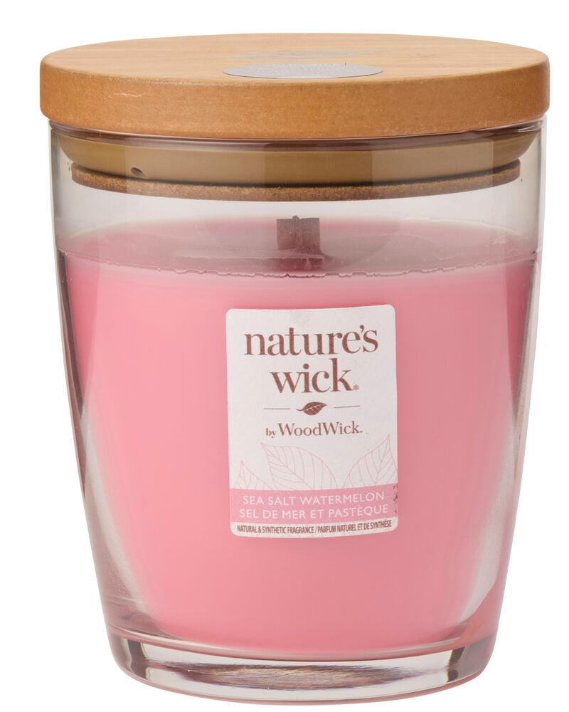 Doftljus WoodWick 284 g Sea Salt Watermelon, med rosa vax i en klar glasburk och ett trälock.