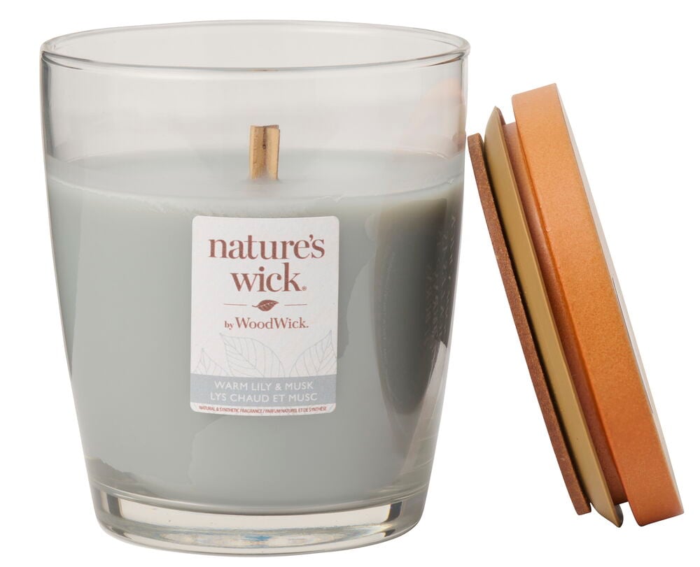 Doftljus WoodWick 284 g Warm Lily & Musk, grått vax i glas med träveke, orange lock.