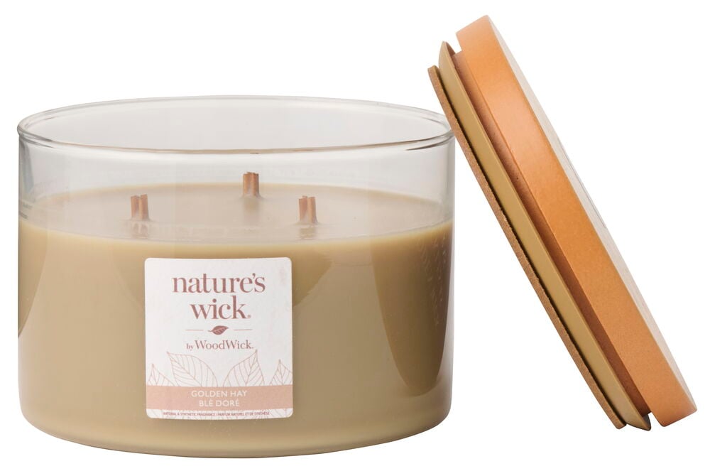 Doftljus WoodWick 433 g Golden Hay, i en glasburk med tre vekar och brunt lock.