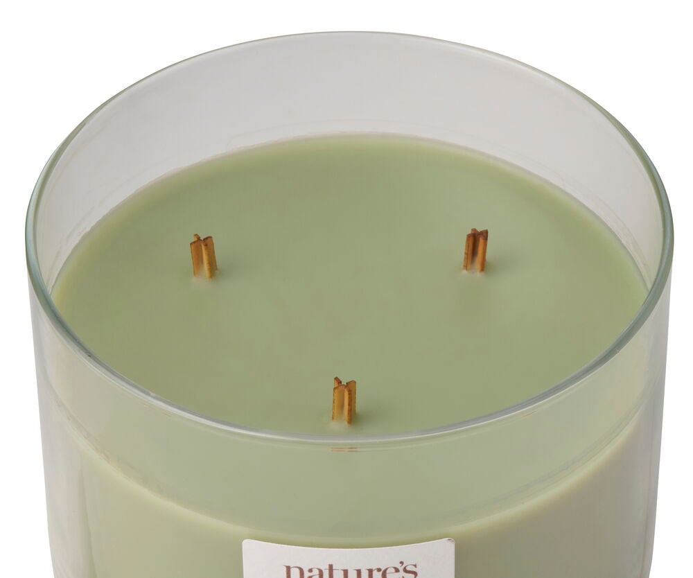 Doftljus WoodWick 433 g Sage & White Pepper, ljusgrönt, i en klar glasburk, med tre trävekar.
