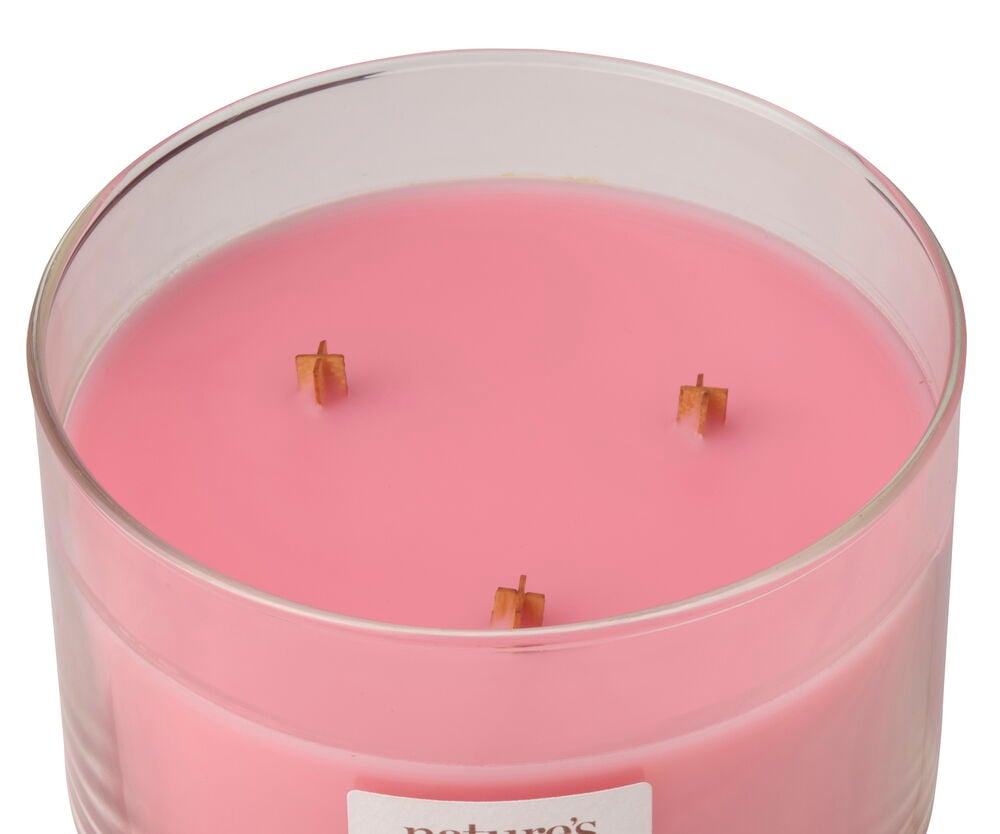 Doftljus WoodWick 433 g Sea Salt Watermelon i klar glasburk med tre trävekar.