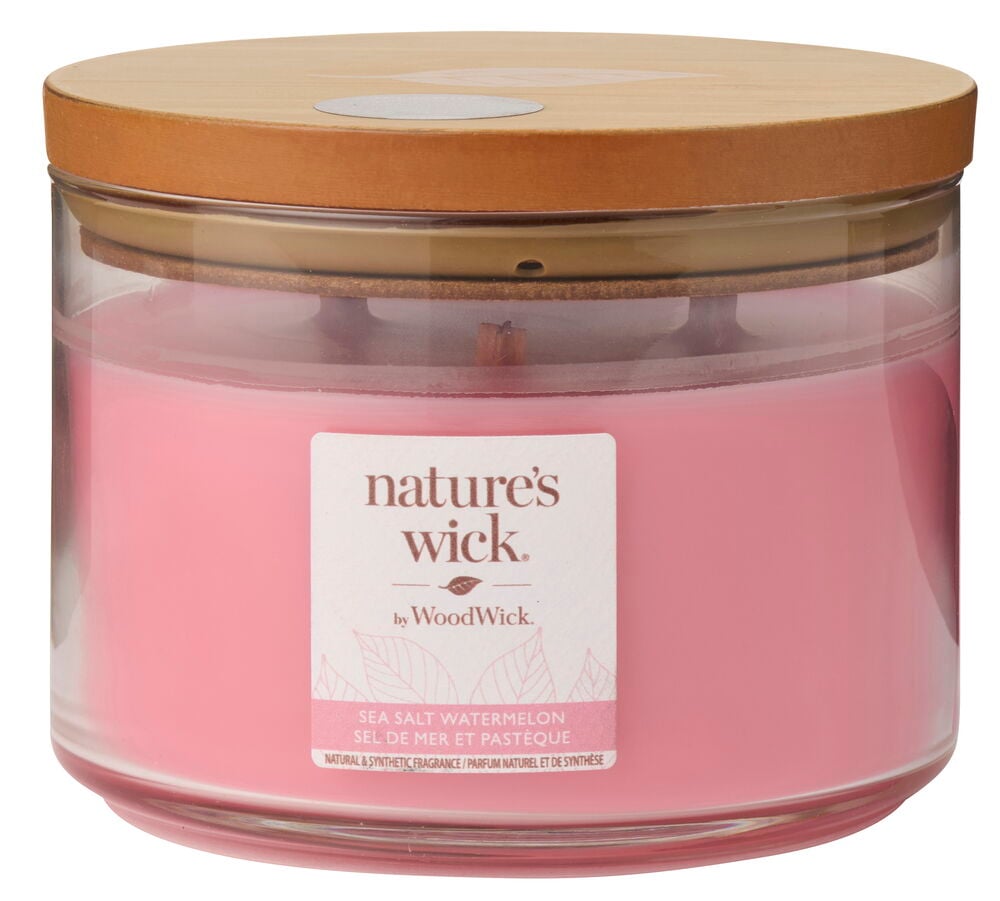 Doftljus Sea Salt Watermelon i klar glasburk med rosa vax och trälock.