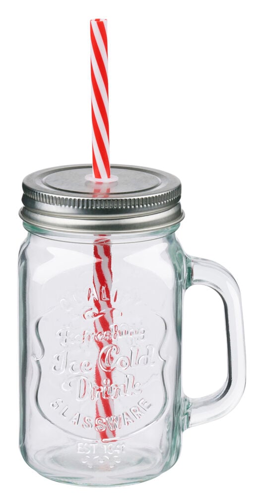 Klar glasdricksburk med handtag, silverlock och rödvitrandigt sugrör, från Alpina set.