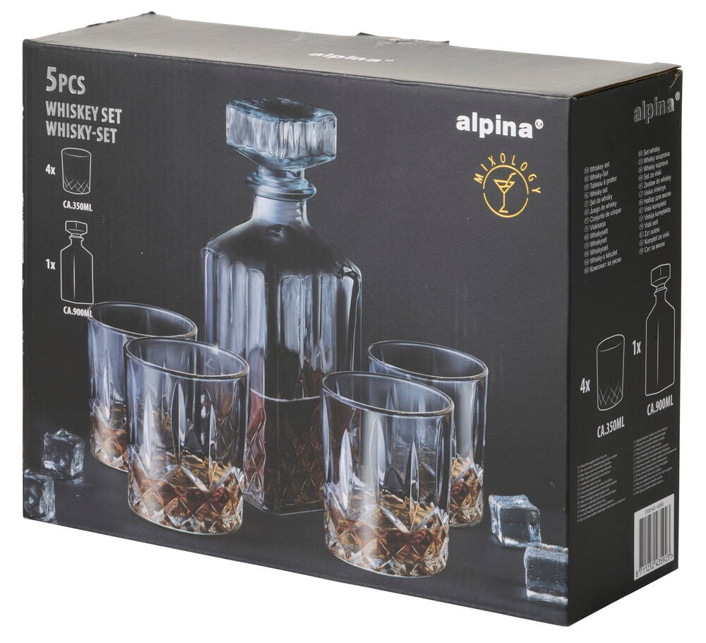 Whiskysett Alpina 5 deler med én klar glasskaraffel med kork og fire mønstrede klare glass.