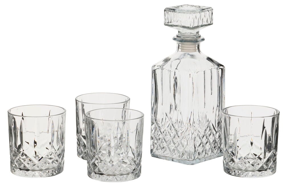 Whiskysett Alpina 5 deler med en kvadratisk karaffel med propp og fire matchende slipte whiskyglass.