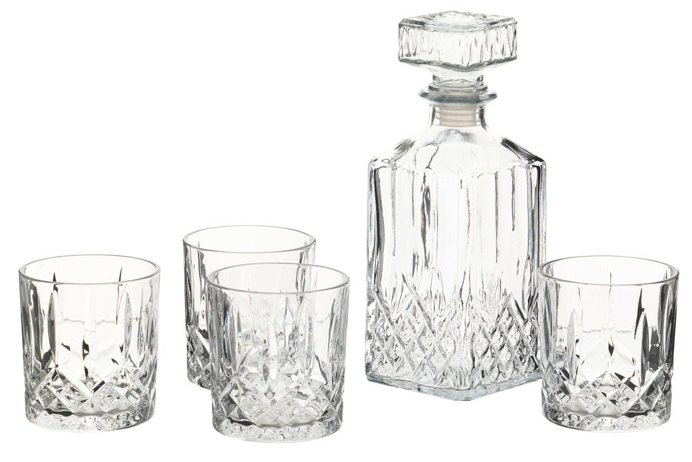 Whiskyset Alpina 5 delar, med en klar glasdekanter med fyrkantig propp och fyra matchande tumblers, alla med slipade mönster.