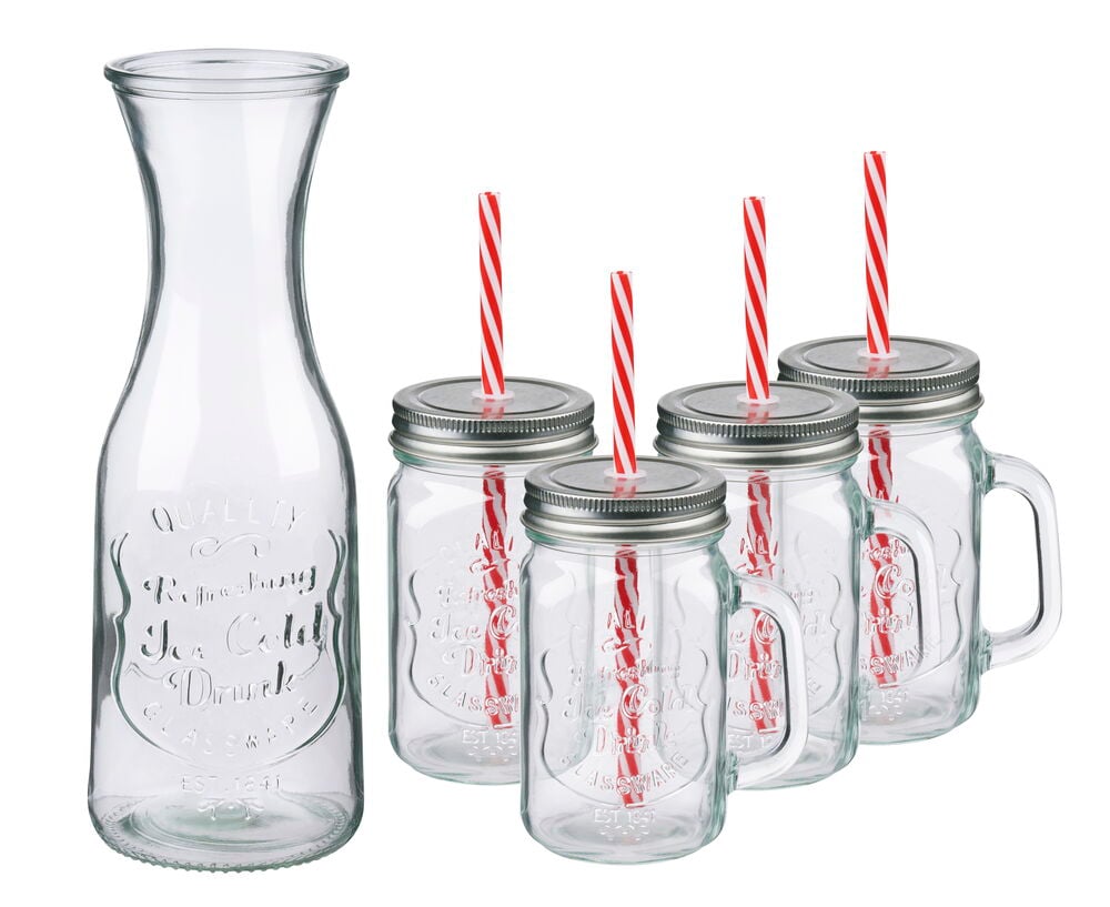 Glaskaraff med dricksglas, set Alpina 5 delar: klart glas, metallock, röda sugrör.