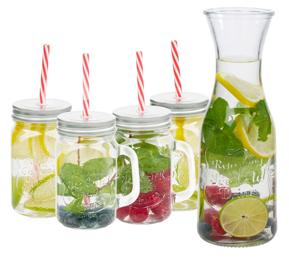 Glaskaraff med dricksglas, set Alpina 5 delar, karaff och 4 glas fyllda med frukt- och myntavatten.