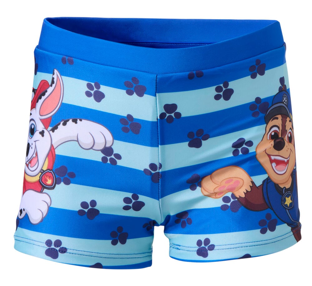 Barns blårandiga Paw Patrol badbyxor med Marshall och Chase motiv samt tassavtryck, framifrån.