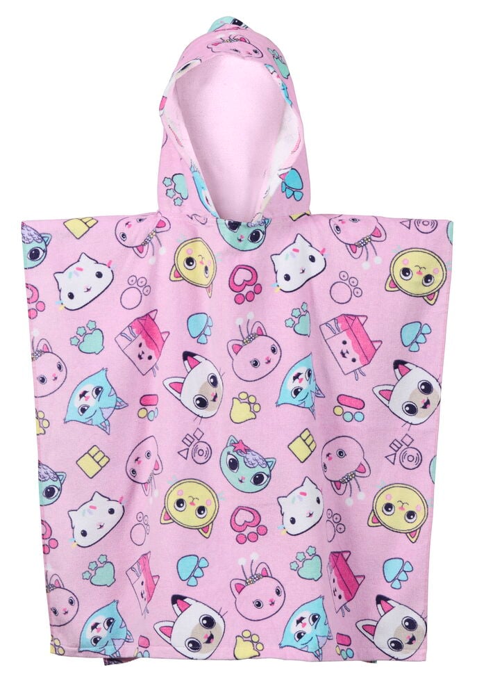 Rosa Badponcho, barn med huva, med färgglatt Gabby's Dollhouse kattmönster, sett framifrån.