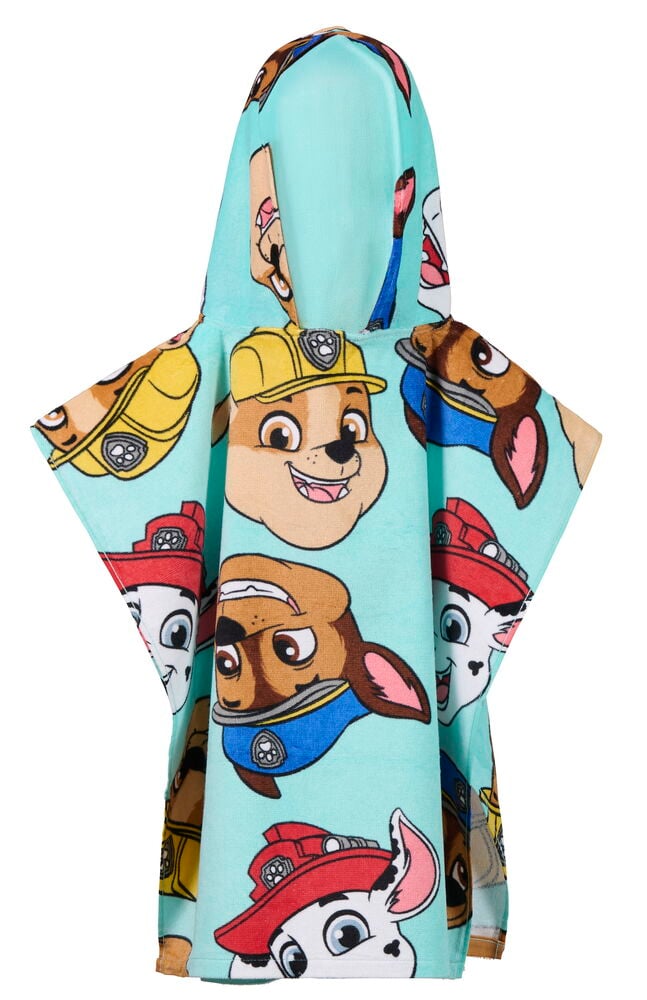 En ljusblå Badponcho, barn 60x120 cm 100% bomull Paw Patrol med karaktärstryck, framifrån.