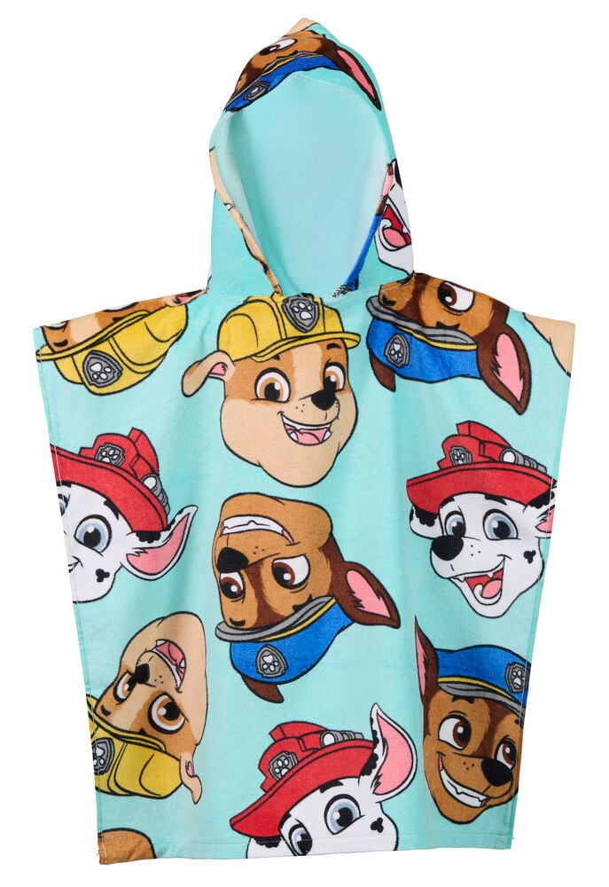 Ljusblå badponcho med huva för barn, med färgglatt tryck av Paw Patrol-figurer.