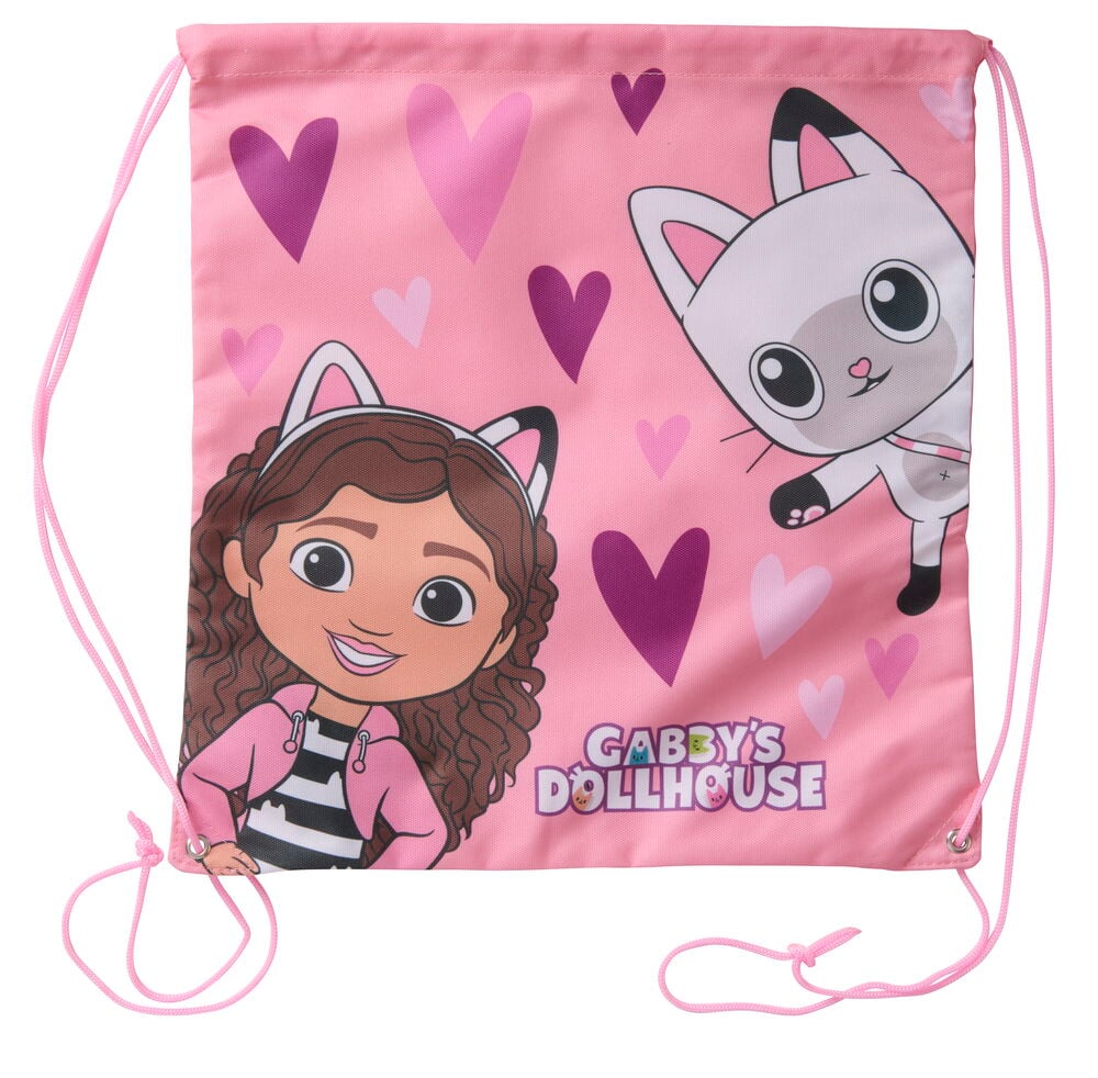 En rosa Gabby's Dollhouse gympapåse med karaktärerna Gabby och Pandy Paws och olika hjärtan, med rosa dragskor.