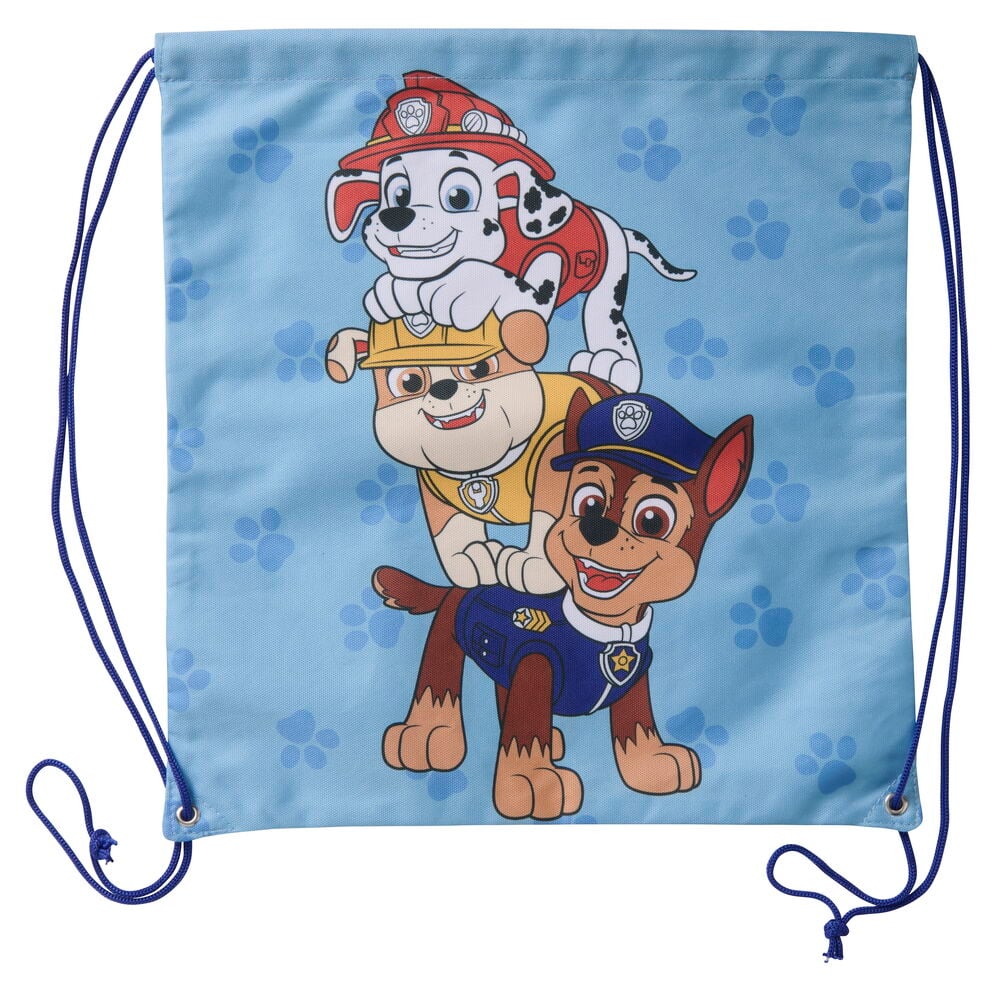 Ljusblå Gympapåse 40x37,5 cm Paw Patrol med Paw Patrol-tryck av Marshall, Rubble och Chase samt blåa dragskor.