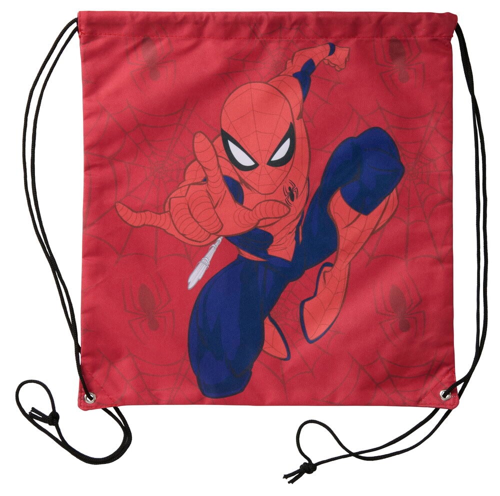 Röd Gympapåse 40x37,5 cm Spindelmannen med Spindelmannen-tryck och svarta dragskor.
