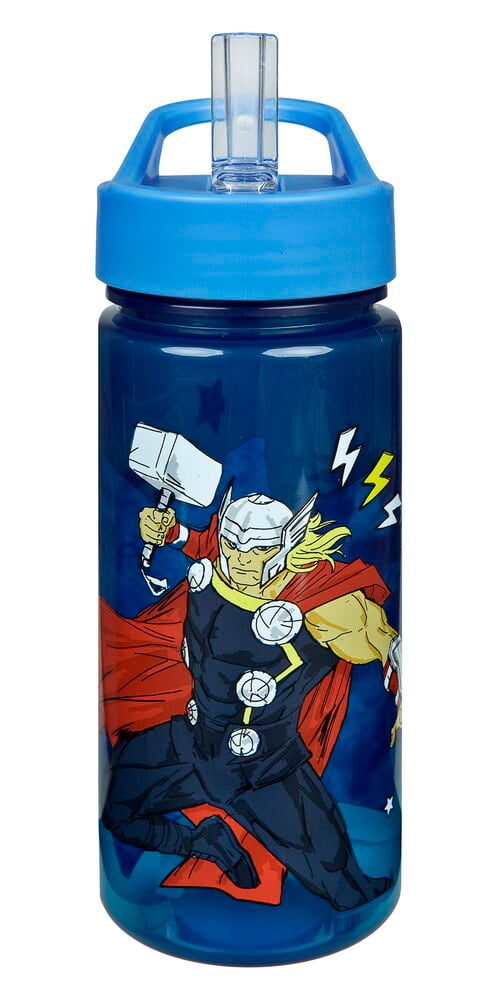 En blå AERO 500 ml drickflaska med Thor-karaktär och blått lock med en klar sugrör.