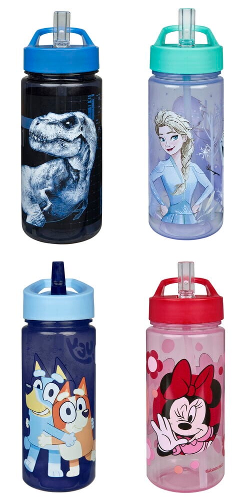 Drickflaska AERO 500 ml Flera sorter: Svart dinosaurie, lila Elsa, blå Bluey och rosa Musse Pigg vattenflaskor.