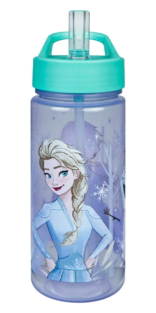 Drickflaska AERO 500 ml Flera sorter med klar lila kropp, turkos lock och Elsa och Olof Frost-tryck.