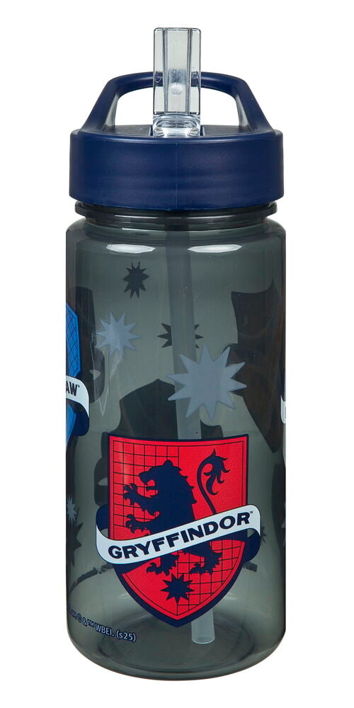 En mörkgrå transparent Drickflaska AERO 500 ml med mörkblått lock och röd Gryffindor-sköldgrafik.