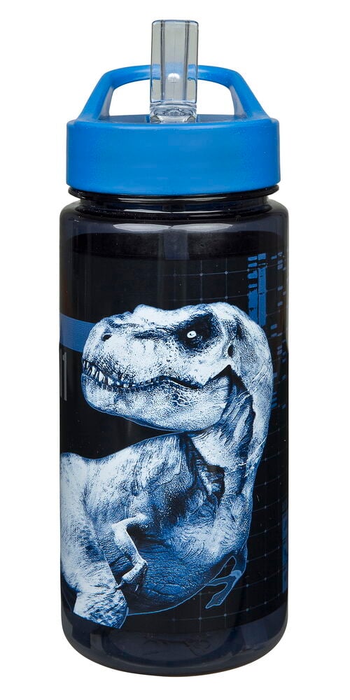 Drickflaska AERO 500 ml med blått lock, genomskinligt sugrör och vitt och blått dinosauriemotiv.