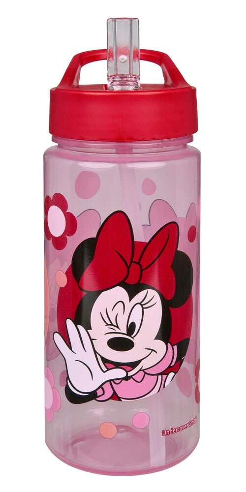 En rosa transparent Drickflaska AERO med rött lock, klar sugrör och Mimmi Pigg-grafik på framsidan.