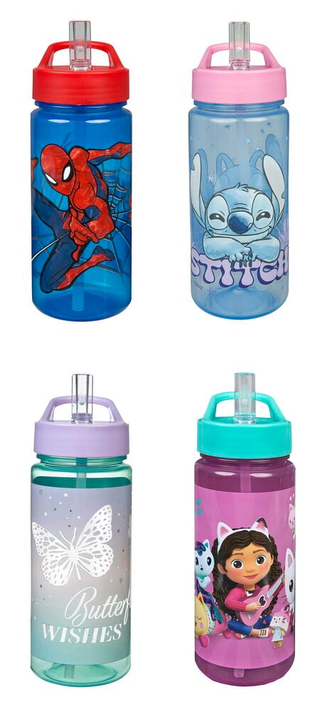 Fyra transparenta Drickflaska AERO 500 ml Flera sorter med Spiderman, Stitch, fjäril och Gabby's Dollhouse-tryck.