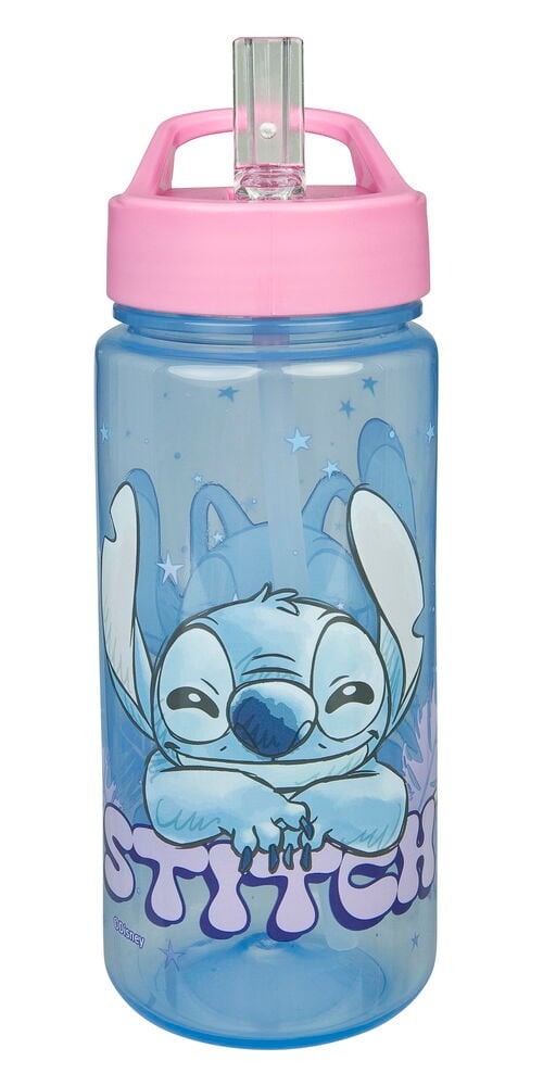 Drickflaska AERO 500 ml Flera sorter, en blå flaska med rosa lock, klart sugrör och Stitch-design.