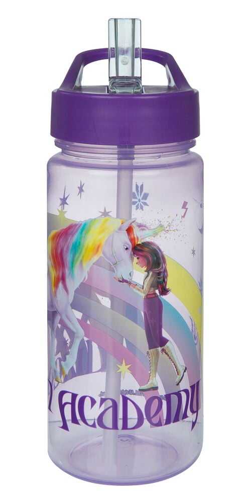 AERO 500 ml drickflaska, klar lila, med en grafik av en flicka, enhörning och text.